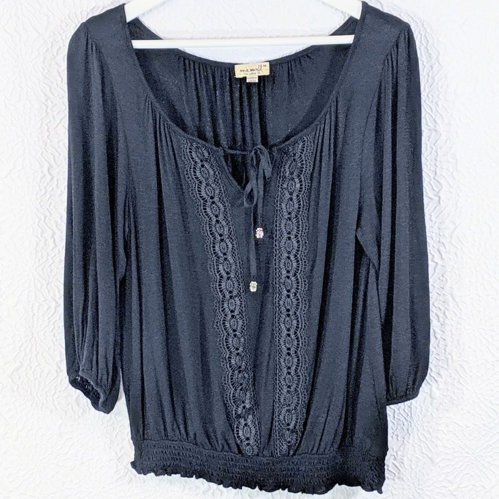 One World Lace Boho Peasant Blouson Knit Top